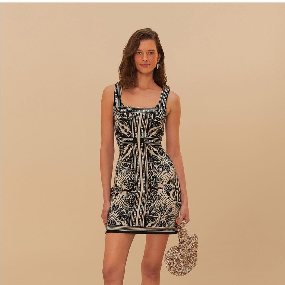 FARM Rio Black and Cream Mini Dress